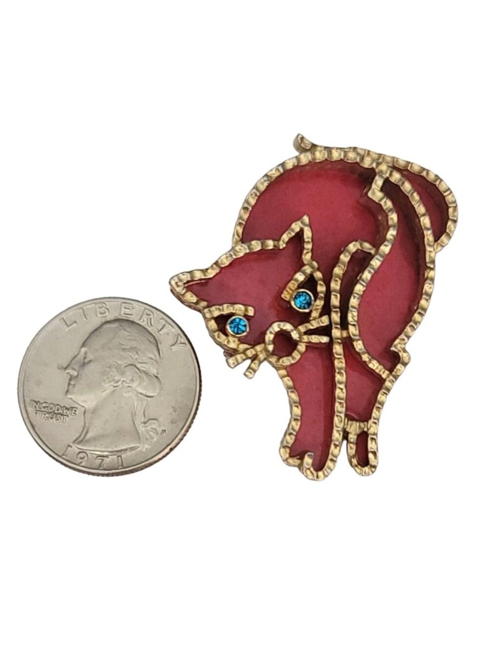Coro Gold Tone Red Enamel Blue Rhinestone Modernist Cat Brooch Pin, Signed - Picture 7 of 10